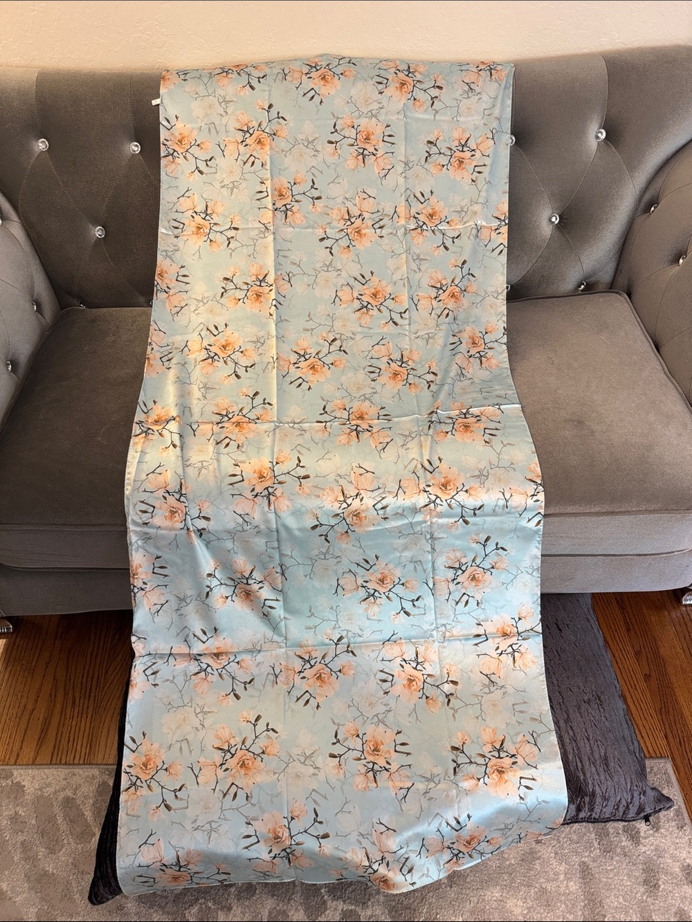 NEW 100% Silk Floral Scarf Wrap Light Blue Peach 28” x 62”